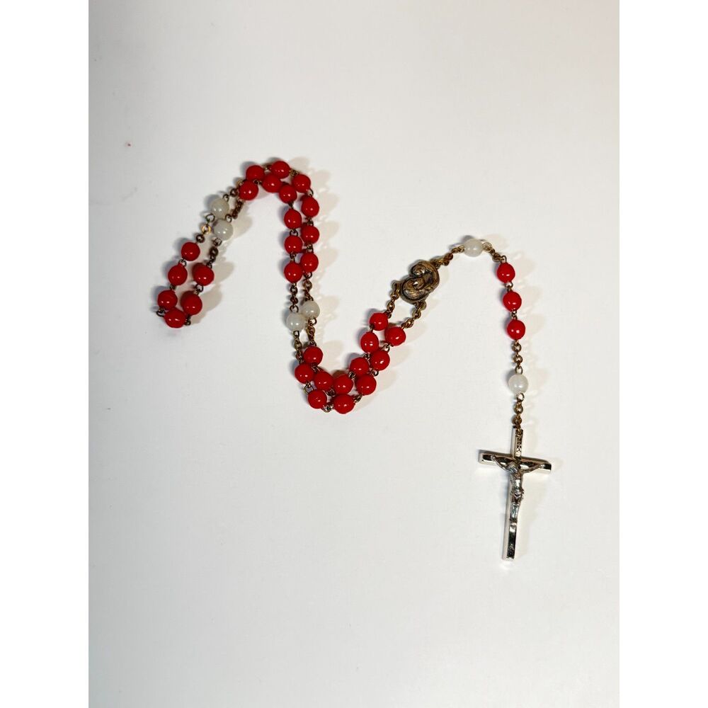 Red White Bead Rosary Brass Chain Silver Crucifix Italy Roma 14 In